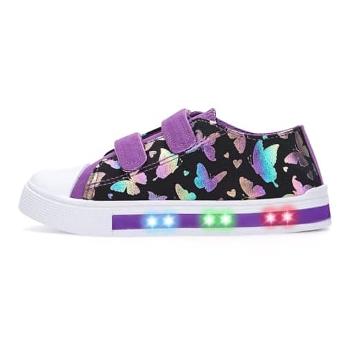 Image of Girls Light Up Trainers Kids Canvas Shoes Toddler Outdoor Indoor School Shoes with Hook and Loops Purple Butterfly Size 6 UK Child