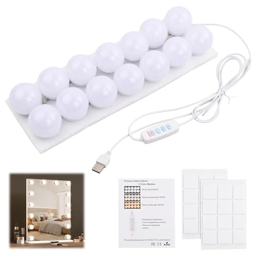 Image of Pagezol 14 Bulbs Hollywood Style LED Makeup Lights with USB Cable, Vanity Mirror Lights Kits, 3 Colour Changing & 9-Level Brightness, Make up Light for Dressing Table Room, Bathroom, Bedroom