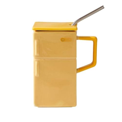 Image of Retro Fridge Mug, Ceramic Cup with Lid Straw, Funny Novelty Design, Vintage Nostalgic Style, for Office Couple Gift Home Use 550ML