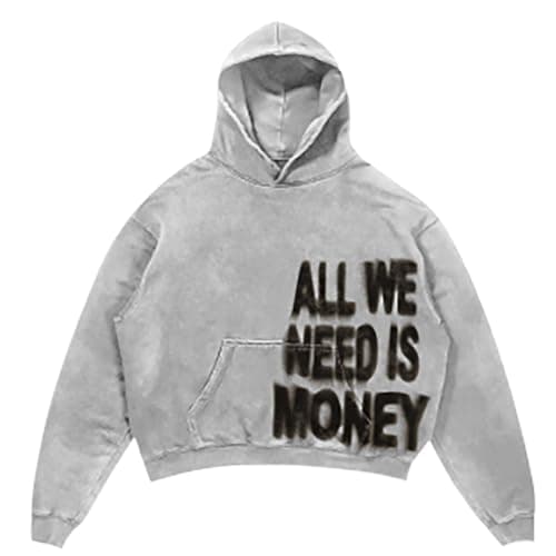 Image of Gefomuofe Pullover Men's All We Need Is Money Graphic Sweatshirt Y2K Hoodies Streetwear Used Look Basic Long Sleeve Shirt Rerto Hoodie Transition Jacket, lightgrey, S
