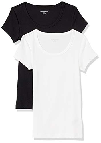 Image of Amazon Essentials Women's Slim-Fit Cap-Sleeve Scoop Neck T-Shirt, Pack of 2, Black/White, XL