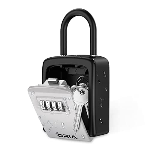 Image of ORIA Key Box Outdoor, Secure Key Storage, Key Safe with Combination, Weatherproof Key Storage Padlock Box with Removable Hook, Wall Mounted, for Garage School Spare Home Keys