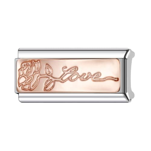 Image of Mon & Sons Love Rose Gold Flower Superlink Long Double Size Width 9mm Stainless Steel Silver Italian Link Charm Compatible With 9mm Link Bracelet