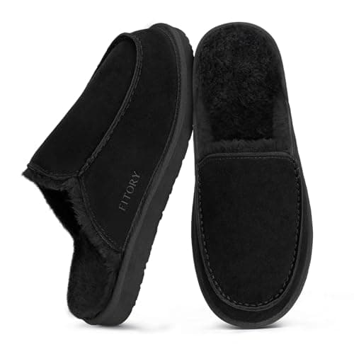 Image of FITORY Men's Warm Suede Slippers,Winter Comfy Casual Fuzzy Lined Leather House Shoes for Indoor Outdoor Matte Black Size 6.5