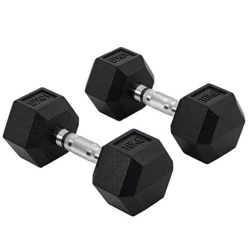 Image of HOMCOM 2x10kg Rubber Hex Dumbbell Set Anti-Rolling Free Weights Dumbbells Pair with Knurled Grip for Home Gym Strength Training Exercise