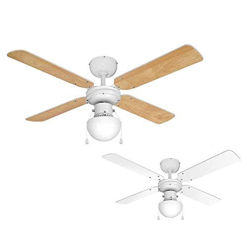 Image of MiniSun | White 42" Modern Ceiling Fan with Light and Beech/White Reversible Blades | LED Bulbs, Home Décor & Improvement Essential | Includes 4W LED Bulb | Mains Wired