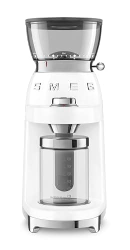 Image of Smeg CGF03WHUK 50's Style Electric Coffee Grinder, Features a Conical Burr, 30 Bean Grinding Levels, White