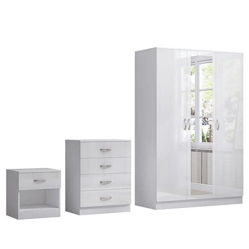 Image of Nera Gloss White 3 Piece Bedroom Furniture Set 3 Door Mirrored Wardrobe 4 Drawer Chest & Bedside Table