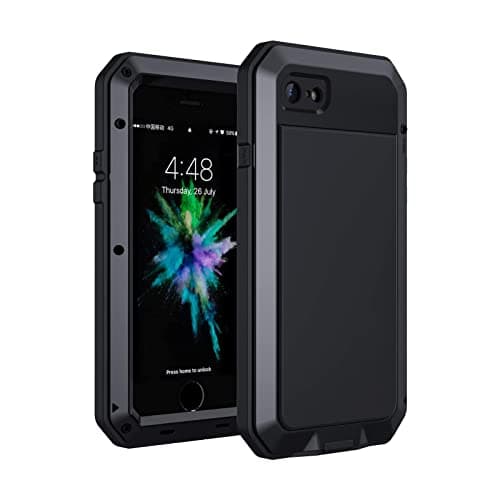 Image of iPhone 7 / 8 Case, Heavy Duty Shockproof Lanhiem Tough Armour Metal Case with [Tempered Glass Screen Film], 360 Full Body Protective Cover for iPhone 7 8, Dust Proof Design -Black
