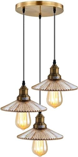 Image of LEDSone 3 Head Glass Ceiling Pendant Lights 22 cm Yellow Brass Finish E27 Adjustable Hanging Lamp Fixture for Loft Kitchen Living Room Bedroom Dinning Table Hallway