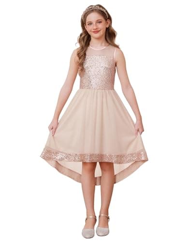 Image of GRACE KARIN Girls Sparkling Sequin Princess Gown Dress Summer Flower Girl Special Occasion Dress Rose Gold 8-9 Years