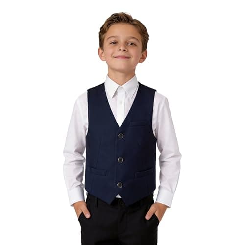 Image of LOLANTA Boys Navy Waistcoat for Wedding, Single Breasted Fully Lined Formal Tuxedo Waistcoat with Pockets for Kids 7-14 Years(Navy, 9-10 Years, 140)
