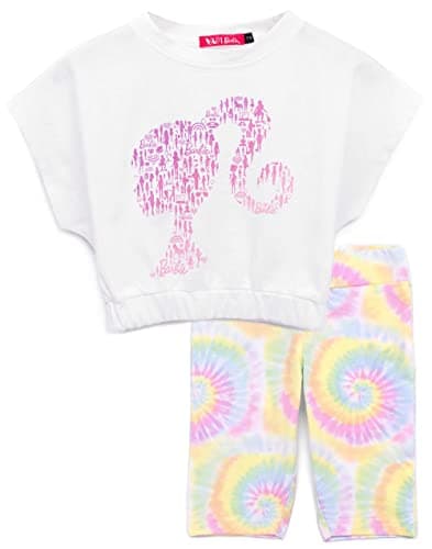 Image of Barbie T-Shirt Cycle Shorts Set for Girls | Kids Logo with Tie Dye Colour Bottoms | Elasticated Top and Waistband 5-6 Years White
