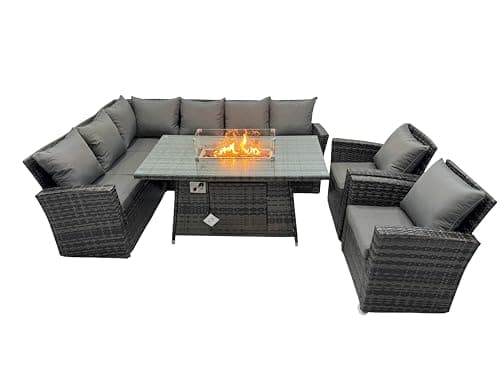 Image of FMSGarden Outdoor Rattan Corner Sofa Garden Furniture High Back Sofa Set Gas Fire Pit Dining Table Gas Heater Burner 2 Arm Chair 8 Seater