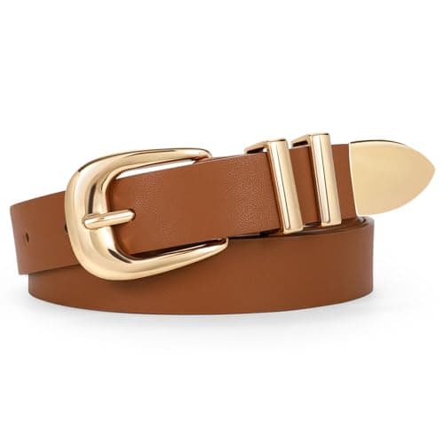 Image of WERFORU Women Fashion Leather Waist Belt for Pants Jeans Ladies Western Thin Belt with Gold Buckle Brown