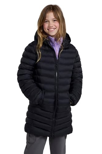 Image of Mountain Warehouse Florence Kids Long Padded Jacket - Lightweight Overcoat, Soft & Warm Puffer Coat with Hood, Childrens Outerwear - Travel & Outdoors Black Kids Size 9-10 Years