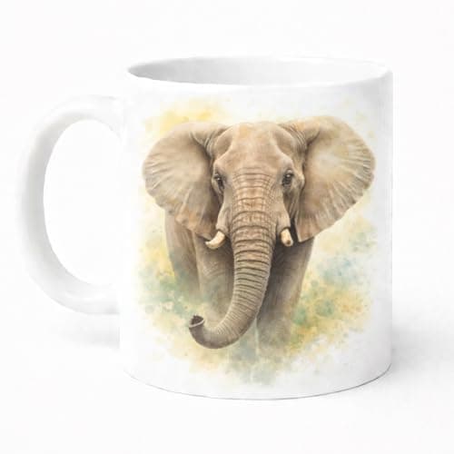Image of Brew Crew Gifts Elephant Watercolour Mug, 11 oz Ceramic, Dishwasher Safe, Microwave Safe, Wildlife Theme