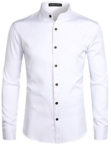 Image of PARKLEES Men's Slim Fit Long Sleeve Button Up Casual Band Collar Shirts CL08 White S