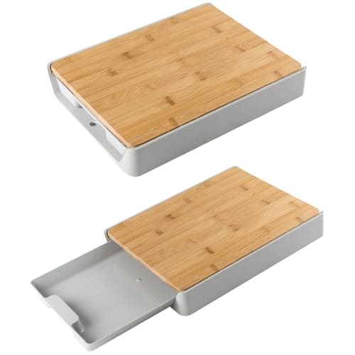 Image of LIVHOME Bamboo Wooden Chopping Board with Plastic Pull Out Tray and Hanging Hook - 32.5 x 24.5 x 4.5cm - Cutting Slicing Board for Food Prep, Meat, Vegetables & Bread