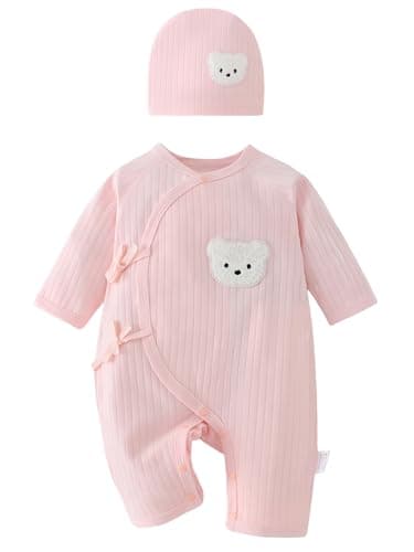 Image of Babyfond Boys Girls Bodysuit Newborn Infant's Warm Cotton Bodysuit with Hat,100% Cotton Toddler Home Wear Thickened Spring and Autumn Clothing (pink, 0-1M)