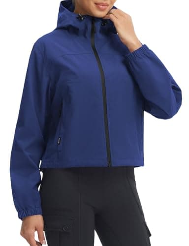 Image of baleaf Womens Cropped Water Resistant Jackets with Hood Packable Rain Coat Windbreaker Lightweight for Outdoor Hiking Walking Running Navy Blue M