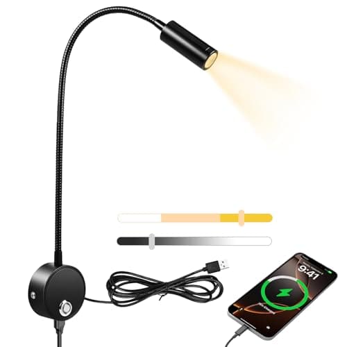 Image of HOTUT LED Wall Reading Lamp for Bedroom, USB Powered LED Wall Mounted Reading Light, Flexible Bedside Light with Touch Switch and USB Output Port, 6000K- 4000K- 3000K Adjustable Colors
