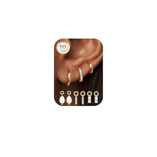 Image of Gold Hoops Earrings for Women Hypoallergenic Sterling Silver Hoop Earrings with Dainty Dangle Charm 14K Gold Plated Drop Earring Stack Small Huggie Earring Set for Helix Cartilage Piercing Pearl