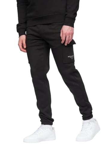 Image of Henleys Mens Designer Fleece Jogging Bottom Jog Pants Classic Logo Tracksuit Bottoms Cuffed Closed Cuff with Drawcord Waist Basic Core Sweatpants Lounge Dark Black L