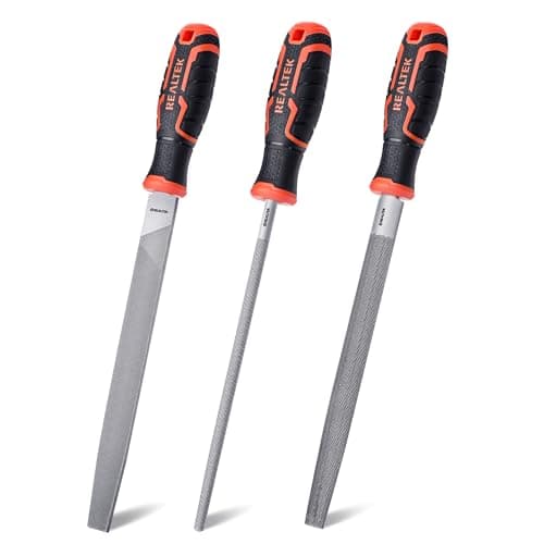 Image of REALTEK Metal File Set 3-Piece, 12-inch Premium T12 Carbon Steel Double Sided Steel File, Includes Half-Round, Round Files, Flat Files, Sharpening File for Metal Fine Finishing