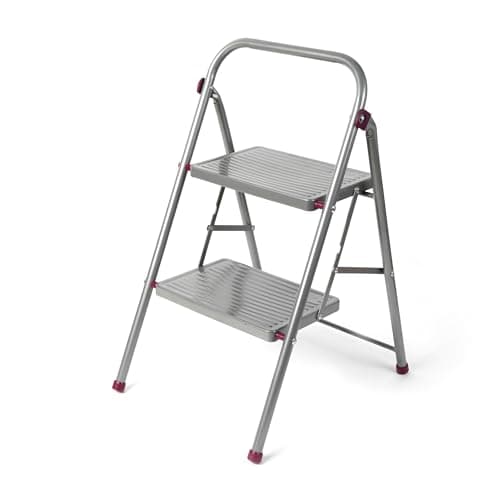 Image of Kleeneze KL068491EU 2-Step Folding DIY Stepladder, Portable Ladder with Non-Slip Feet, Collapsible for Compact Storage, Lightweight Steps, Strong Steel Structure with Safety Clip, 150kg Capacity, 80cm