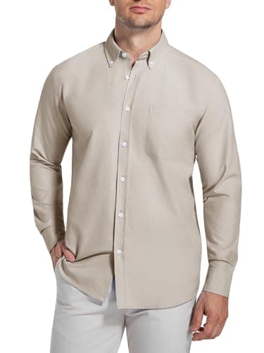 Image of Men’s Oxford Shirt Long Sleeve Button Down Shirt Regular Fit Casual Button Down Shirt with Pocket, Khaki, XL