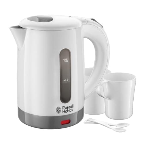Image of Russell Hobbs Electric 0.85L Travel Kettle, Small & Compact, Dual voltage, Ideal for abroad/caravan/camping, inc 2 cups & spoons, Removable washable anti-scale filter, water windows, 1000W, 23840