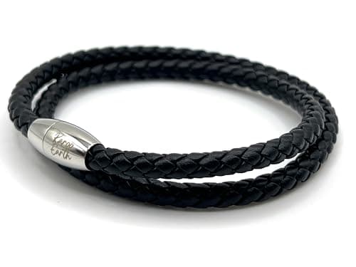 Image of KAROO EARTH JEWELLERY Mens Leather Wrap Bracelet With Strong Stainless Steel Magnetic Clasp - Genuine Leather | 5mm Braided Double Wrap Men's Premium Bracelet (Black Leather, 23cm (Large Wrist)