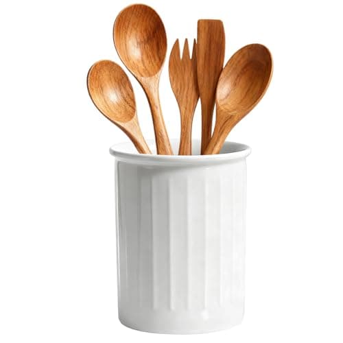 Image of DRERIO Kitchen Utensil Holder Ceramic for Countertop, Kitchen Utensil Organizer Cutlery Holder, White Relief Utensil Pot Utensil Crock jar for Counter Storage, Glossy Glaze