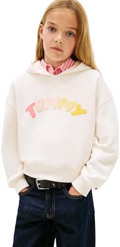 Image of Tommy Hilfiger Girl's Tommy Puff Print Hoodie KG0KG09241 Sweatshirts, WHITE (Ancient White), 7 Years