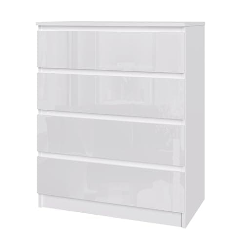 Image of Modern High-Gloss Drawer Panels Chest of Drawers, 3/4/5/6 Drawer Wooden Dresser with Metal Runner Bedside Table No Handle Sleek Design Storage Organizer Unit for Living Room Bedroom (White, 4 Drawers)
