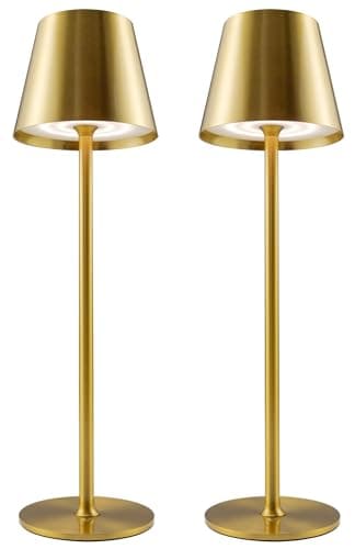 Image of Aiandcc Rechargeable Lamps Full Metal Set of 2, Rechargeable Table Lamps UK with 3 Color Modes, 5200mAh Battery Operated Lamp, Touch Control Wireless Lamp Indoor and Outdoor IP54 Waterproof (Gold)
