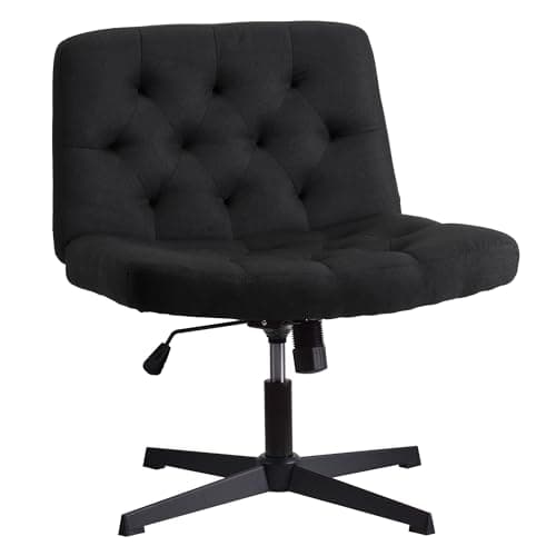 Image of WangPangzi Armless Desk Chair, Cross legged Vanity chair with Wide Seat and No Wheels, Cotton-Linen Fabric, for Home Office, Study, Bedroom(Black)