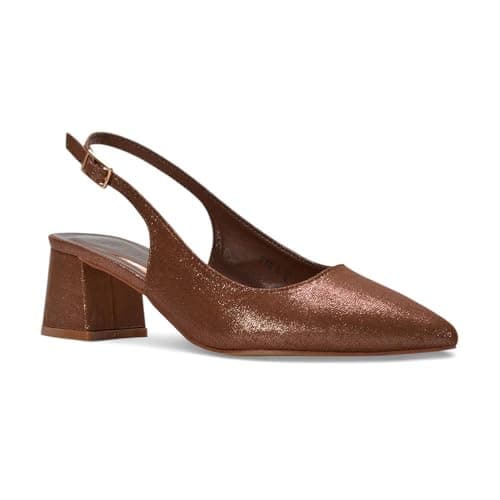 Image of ESSEX GLAM Women's Slingback Court Shoes Ladies Brown Shimmer Low Block Heel Buckle Wedding Occasion Classic Heels Size 6