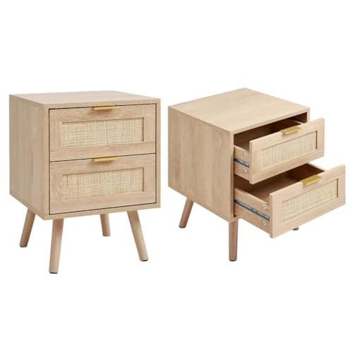 Image of Warmiehomy Bedside Cabinets Set of 2 Bedside Tables with 2 Hand Made Rattan Decorated Drawers Night Stand Set 2 Wood Nigntstand End Table with Storage for Living Room Bedroom 40x40x56cm (Natural)