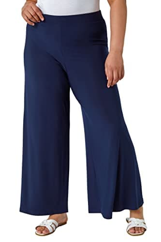 Image of Roman Wide Leg Trousers for Women UK Ladies Palazzo Pants Evening Jersey Elasticated High Waist Smart Flared Culotte Office Work Going Out Loose Crepe Bottoms - Plus Navy - Size 2224
