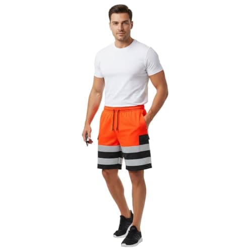 Image of LUXFAB Hi Vis Combat Shorts, 2 Side Pockets, 2 Thigh Cargo Pockets High Visibility HI VIS Fleece Shorts HIGH Visibility Reflective Tape Work Bottoms (UK, Alpha, XL, Regular, Regular, Orange - 2 Tone)