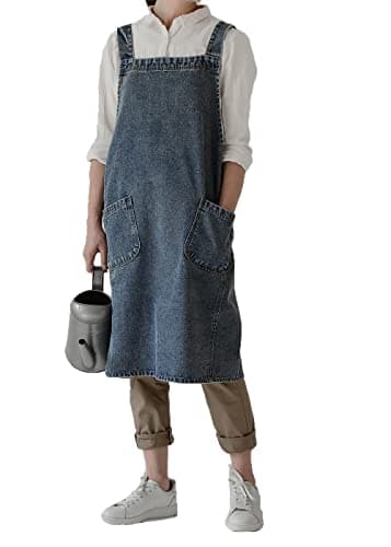 Image of Pincy Unisex Denim Apron No-ties - Cross Back Apron with Pockets for Cooking Kitchens (Blue)