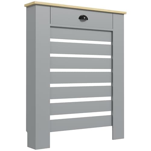 Image of HOMCOM Radiator Cover with Drawer, Horizontal Slatted Grill, Grey Painted MDF Wood Cabinet Shelf Heating Cover for Living Room Bedroom Hallway, Small (H: 95.5 / W: 78 / D: 19 cm)