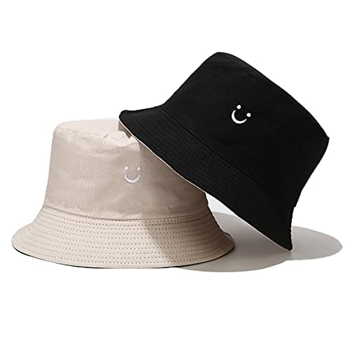 Image of Umeepar Reversible Smile Face Embroidered Bucket Hat 2 in 1 Packable Beach Sun Hat for Women Men (UK, Alpha, One Size, Black/Beige)