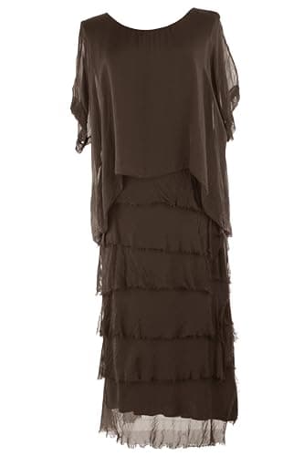 Image of TEXTURE Ladies Womens Italian Lagenlook Plain Short Sleeve Frill RARA Frayed Detail Silk Midi Maxi Dress One Size (UK, Alpha, One Size, Regular, Regular, Dark Brown)