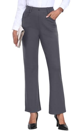 Image of GRECERELLE Ladies Stretchy Work Office Trousers Elasticated Waist Straight Leg Casual for Women UK Yoga Pants with Pockets (Dark Grey, L)
