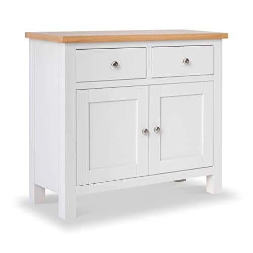 Image of RoselandFurniture Farro White Small Sideboard for Living Room | Fully Assembled Painted Storage Cabinet Solid Wood 2 Door Cupboard Unit with 2 Drawers & Oak Top for Kitchen, Dining Room or Hallway