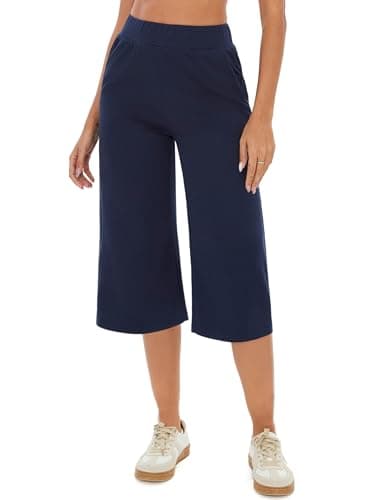 Image of Crewhpo Women's Capri Sweatpants 3/4 Length Joggers Summer Cropped Trousers Straight Wide Leg Jogging Bottoms Lounge Pants Blue