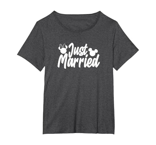 Image of Disney Mickey & Friends Mickey & Minnie Just Married Lyrics T-Shirt, Women's Plus, Dark Heather Grey, 5X